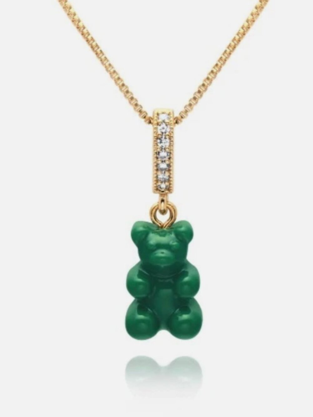 GREEN RESIN GUMMY BEAR PENDANT BRASS WITH GOLD PLATE AND CZ DIAMONDS